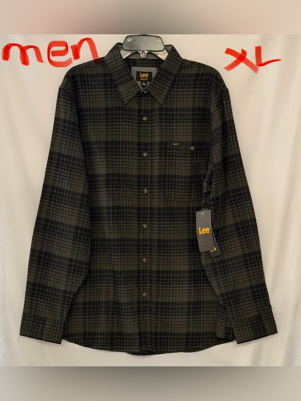 Lee Men's Olive Green and Black Plaid Button-Down Shirt